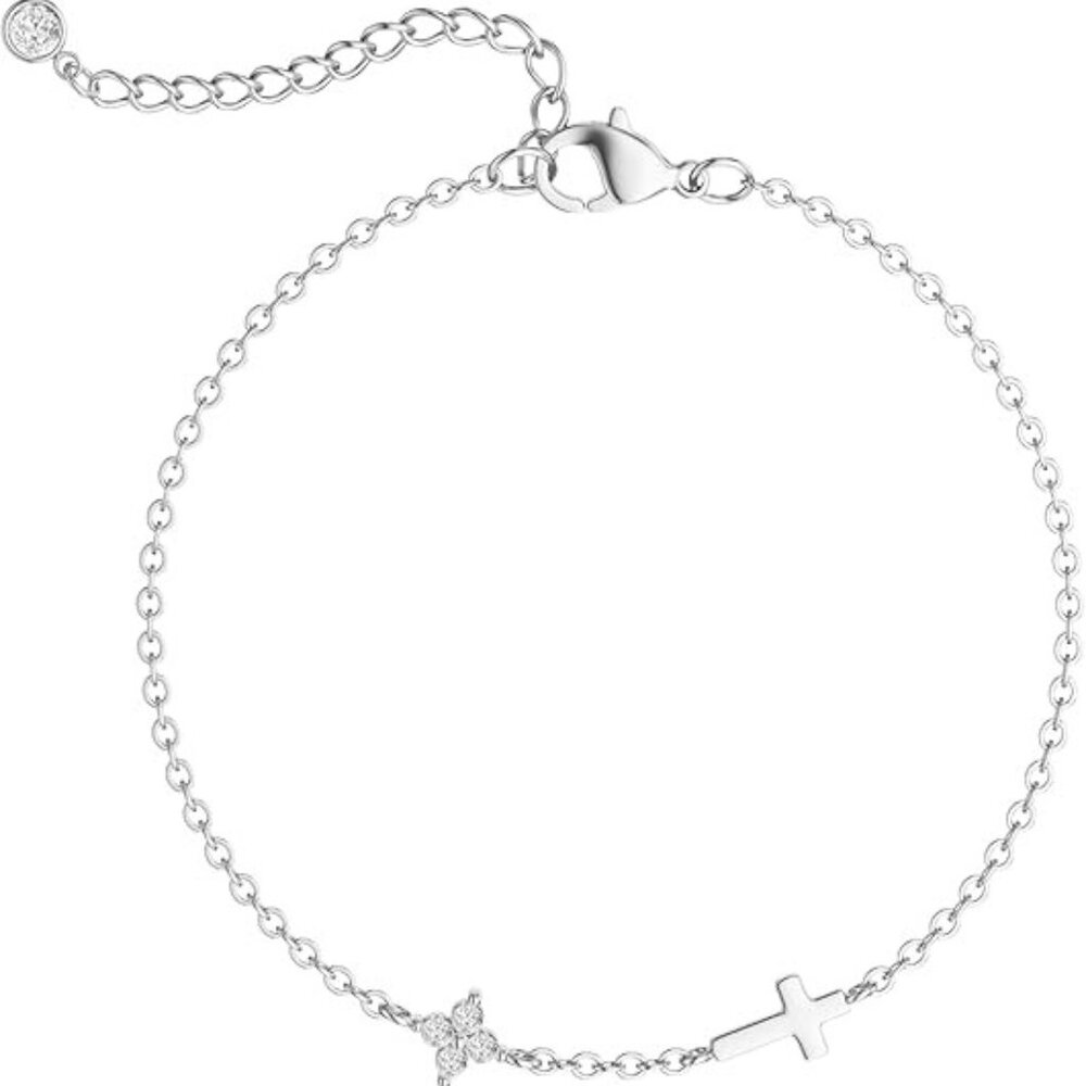 925 Sterling Silver CZ Bracelet - CZ Flower Cross Bracelet Silver